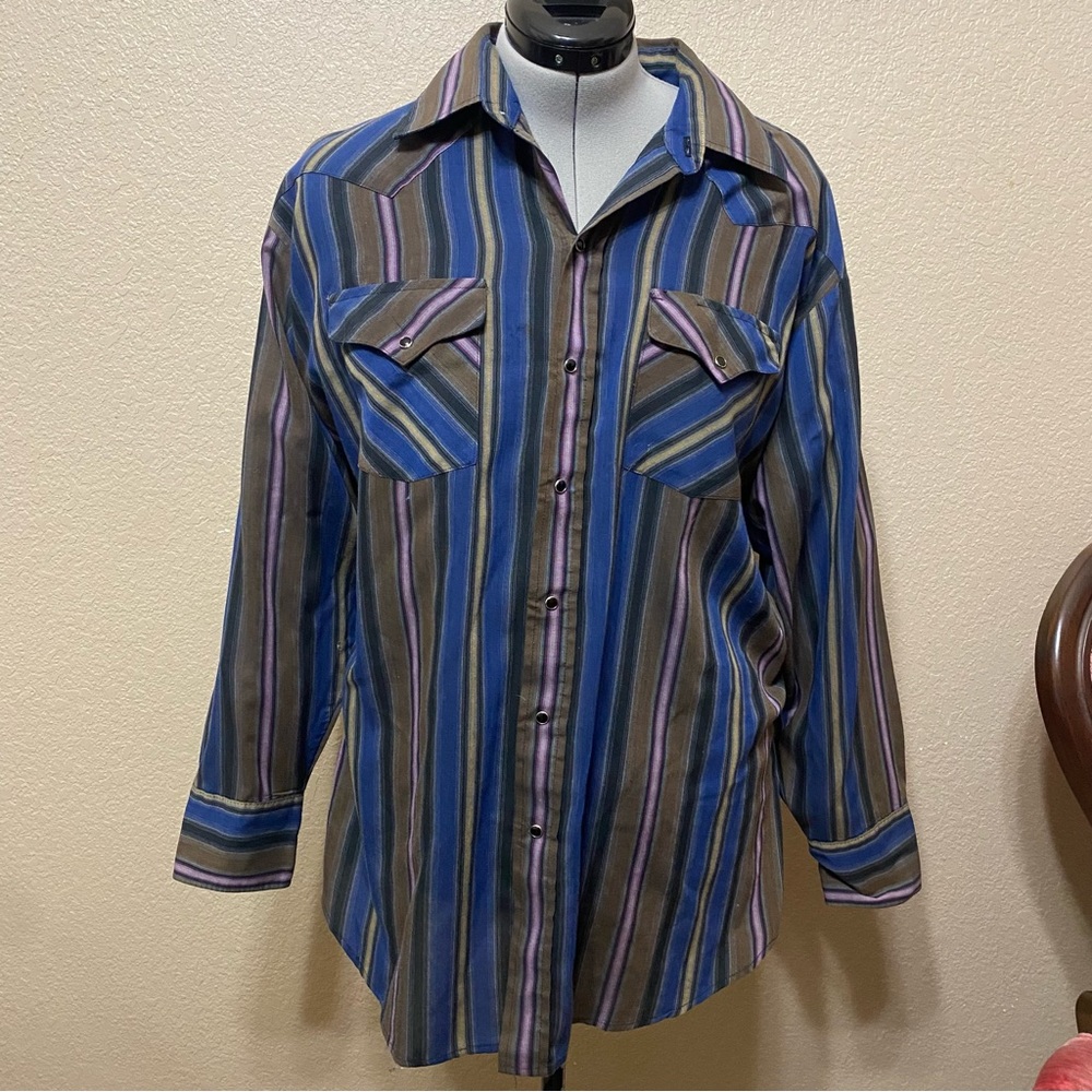 Pearl Snap Panhandle Slim Button Down Blue Western Dress Cowboy Shirt 17.5” 34
